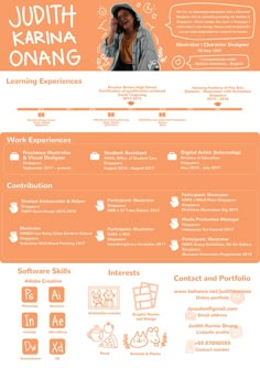 an orange and white resume is shown in this graphic style, with the image of a man