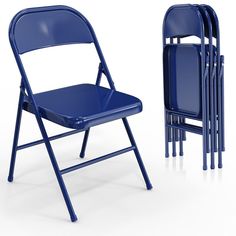 three blue folding chairs next to each other