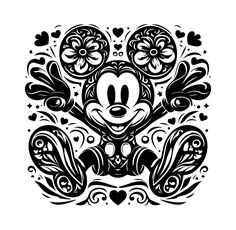 mickey mouse in black and white with hearts