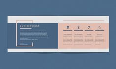 an open brochure is displayed on a blue background with the words our services