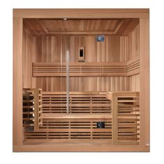 the inside of a wooden sauna