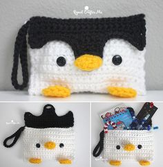 crocheted penguin purse with black and white trim, two pictures showing the inside