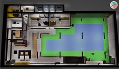 an overhead view of a living room, kitchen and bedroom area with green flooring