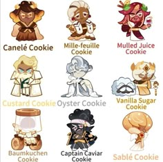 an image of some cartoon characters with names on them, including cookies and other things