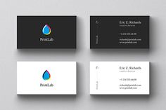 four business cards with water drop logo on the front and back, both in black and white