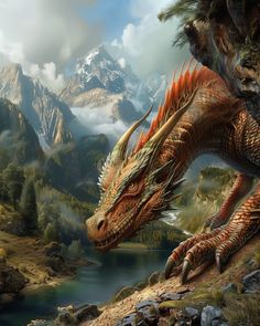 a painting of a dragon on the side of a mountain with mountains in the background