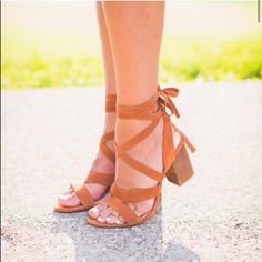 Step Out In This Block-Heeled Strappy Sandal With A Summery Open Construction. A Customizable Ankle Tie Makes This A Truly Versatile Styletie Them Crisscrossed, Wrapped, Up The Leg, Or Down At The Ankle. Material: Suede Heel Height: 3" Fit: True To Size Brand New And Never Worn (Except Inside Of The House To Try On)!! **The Very First Photo Is The Same Style In A Different Color** Brown Closed Toe Block Heels For Spring, Spring Brown Closed Toe Block Heels, Spring Brown Block Heels With Closed Toe, Beach Sandals With 4-inch Block Heel, Summer Strappy Suede Heels, Suede High Heel Sandals For Vacation, High Heel Suede Sandals For Vacation, Strappy Suede Heels For Spring, Brown 4-inch Heel Sandals For Beach