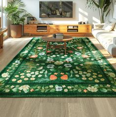 a living room filled with furniture and a green rug