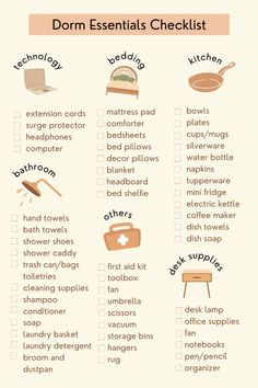 the dorm essentials checklist is shown in this graphic style, with an orange background