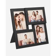 three black photo frames with four different pictures on the front and one in the back