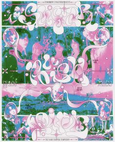 a poster with pink and blue designs on the front, in two different languages that say love