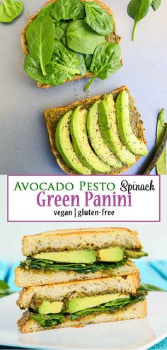 avocado pesto spinach and green panini sandwich on a white plate