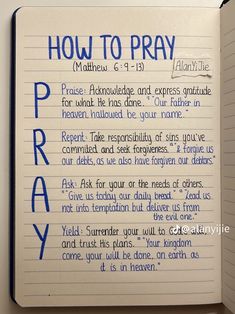 an open notebook with the words how to pray written on it