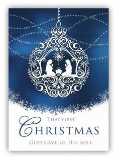 a blue christmas card with an ornament hanging from the top and snowflakes on