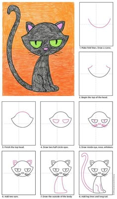 step by step drawing instructions for children to learn how to draw a cat's face