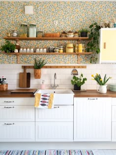 a kitchen with white cabinets and shelves filled with potted plants on top of them