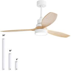 a white ceiling fan with wooden blades on it's side and measurements for the blades