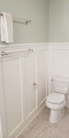 a white toilet sitting in a bathroom next to a towel rack