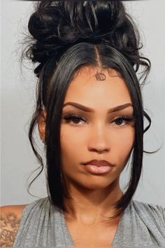 Real Hair Updo Black Women, Weave Up Do Hairstyles Black Women, Updo With Swoop Bangs, Updos Wavy Hair, Classy Updo Black Women, 90s Baddie Hairstyles, Hair Buns Black Women, Bun Frontal Hairstyles, Black Women Up Do Hairstyles