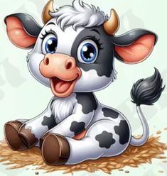 a cartoon cow is sitting on the ground