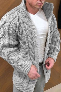 Plain Sweaters, Winter Work, Plain Color, Style Looks, Mens Cardigan, Oversized Style, Knit Long Sleeve, Jacquard Knit, Looks Chic