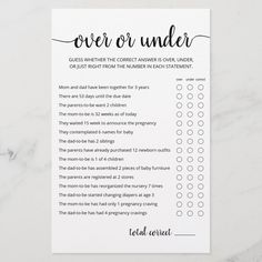 a printable over or under checklist on a marble surface