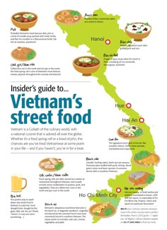 the vietnam street food map is shown in blue and green, with words describing what it's like to eat