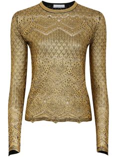 gold-tone knitted construction tricot knit metallic effect crew neck long sleeves straight hem Elegant Pointelle Knit Top For Party, Elegant Long Sleeve Open Knit Top, Chic Gold Winter Sweater, Gold Crew Neck Sweater For Fall, Elegant Gold Sweater For Winter, Elegant Gold Winter Sweater, Party Crew Neck Knit Top, Party Knit Top With Crew Neck, Fall Party Crew Neck Knit Top