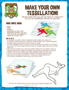 an advertisement for kids's art supplies including scissors, markers and paper with the words make your own teselation