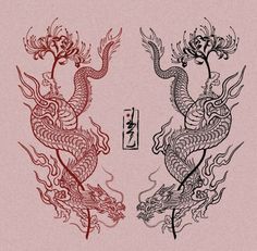 two red and black dragon designs on a pink background