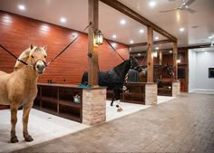 two horses are standing in the middle of a room with brick floors and exposed ceilings