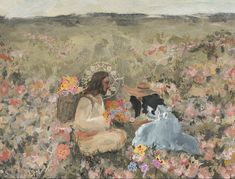 a painting of a woman and her dog in a field full of flowers