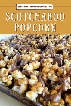 chocolate covered caramel popcorn in a baking pan with the title text overlay reads,