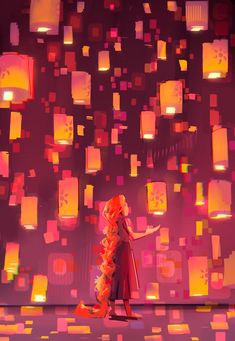 a woman standing in front of a wall with many cubes and lights on it