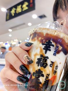 Boba Nails Acrylic, Bubble Tea Nail Art, Boba Nail Art, Bubble Tea Nails, Tea Nail Art, Milk Tea Nails, Boba Nails, Xing Fu Tang, Mani And Pedi Ideas