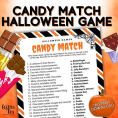 a candy match game is shown with halloween items and candy on the table in front of it