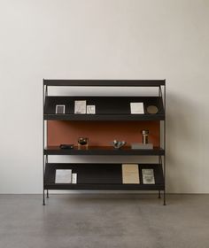 a shelf with books and papers on it in front of a wall mounted bookcase