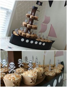 there is a pirate themed dessert table with cupcakes