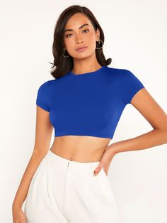 Royal Blue Casual  Short Sleeve Polyester Plain  Embellished Medium Stretch Spring/Summer Women Tops, Blouses & Tee Blue Crop Top Outfit, Cropped Tee Outfit, Royal Blue Crop Top, Blusas Crop Top, Plain Crop Tops, Shein Basics, Top Azul, Mock Neck Crop Top, Blue Crop Top