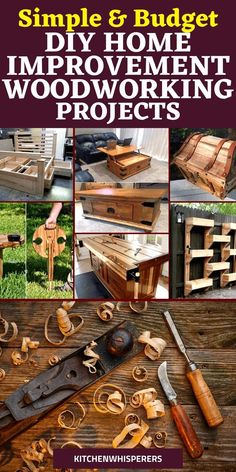 some woodworking projects are shown with the words, simple and budget - free diy home improvement woodworking projects