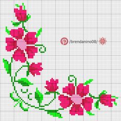 a cross stitch pattern with pink flowers and green leaves on the bottom half of it