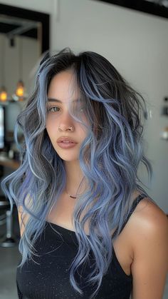 Ash Blonde With Blue Highlights, Ash Brown And Blue Hair, Chunky Color Highlights, Blue And Brown Hair Ideas, Ash Blue Hair Color Highlights, Blue And Blonde Highlights, Blue Hair With Highlights, Ash Blue Hair Color, Blonde With Blue Highlights