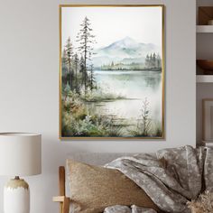 a painting hanging on the wall above a bed