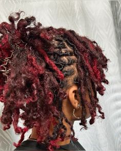 Red locs Red Ombre Locs Black Women, Black And Burgundy Locs, Cute Loc Colors, Dreadloc Colors, Red And Black Twists, Different Color Locs Black Women, Hair Dye Ideas Locs, Red Locs Black Women Dark Skin, Loc Hair Dye Ideas