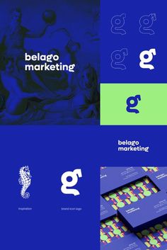 the logo for belagoo marketing is shown in three different colors and font styles