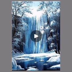 a painting of a waterfall with trees and snow on the ground in front of it