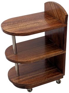 a wooden shelf with two shelves on wheels