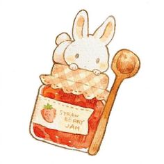 a drawing of a jar of strawberry jam with a wooden spoon