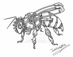 a drawing of a bee with gears attached to it's back legs and wings