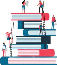 people standing on top of stacks of books with ladders to reach the top one